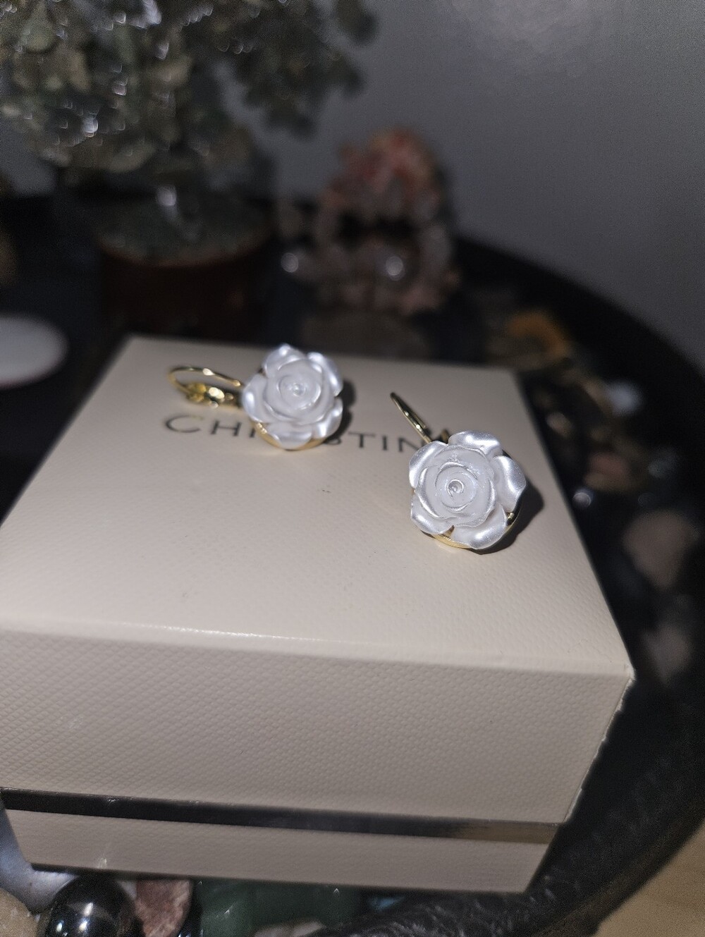 Gold Hoop Earrings with White Rose Charms - Wedding Bridal Jewelry
